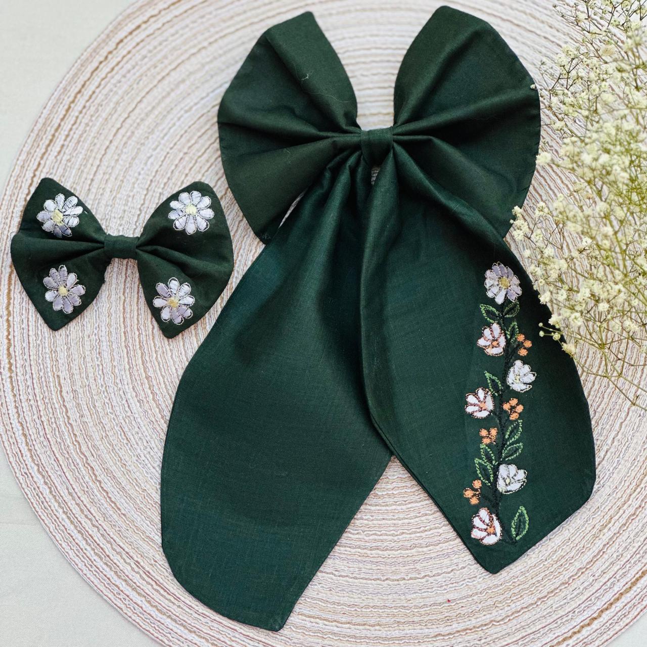 Bottle Green - Cotton Embroidered Bow Pin