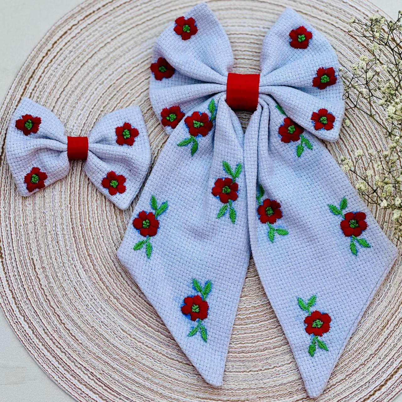 Cherry - Cross Stitch Embroidered Bow Pin