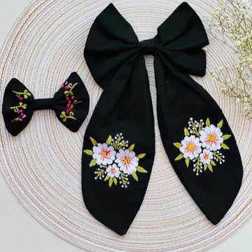 Black Truffle - Cotton Embroidered Bow Pin