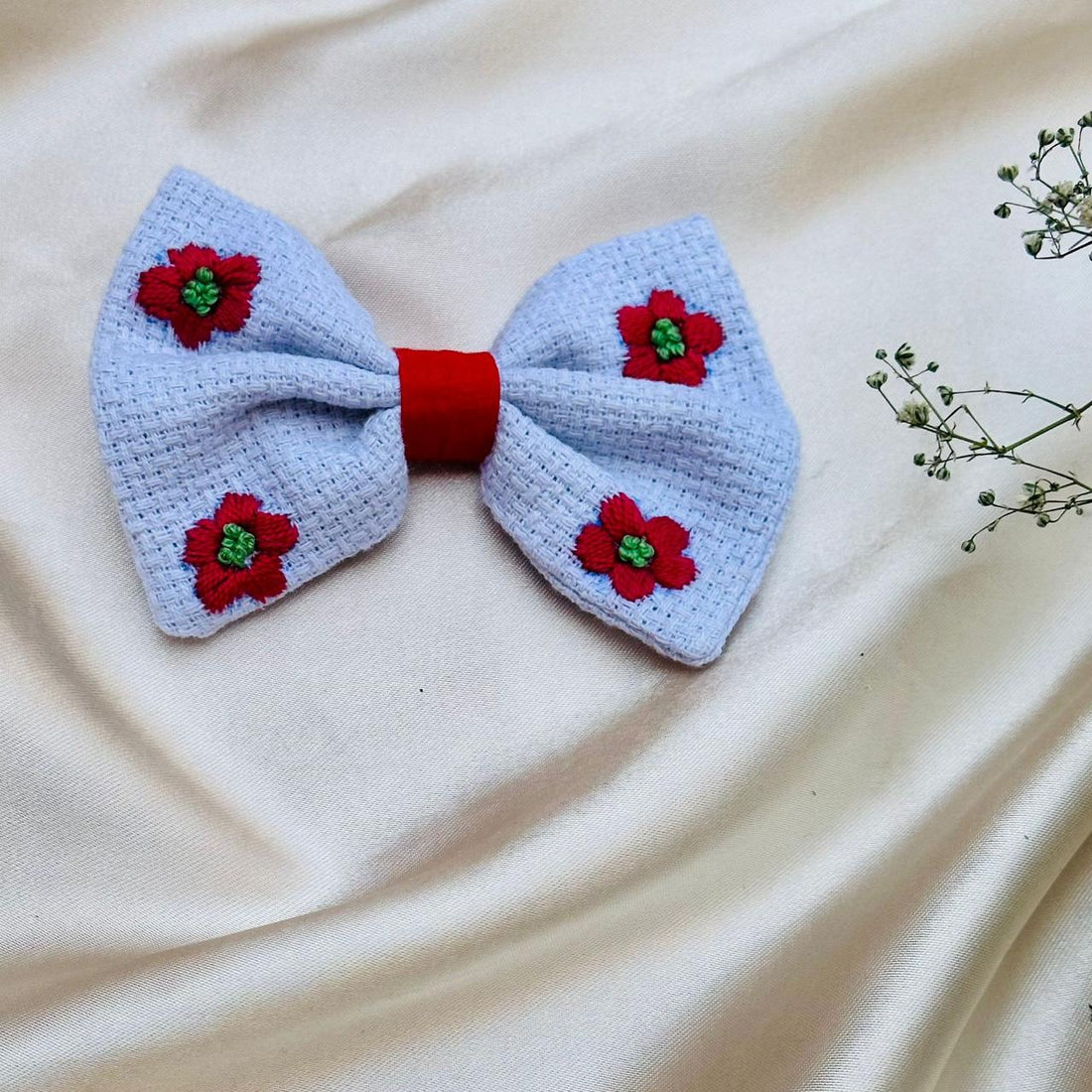 Cherry - Cross Stitch Embroidered Bow Pin