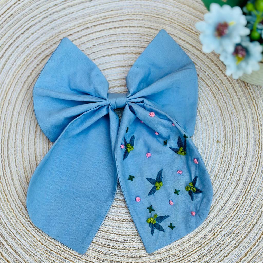 Denim Blue - Cotton Embroidered Bow Pin