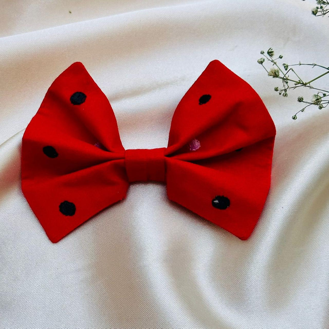 Deep Red - Cotton Embroidered Bow Pin